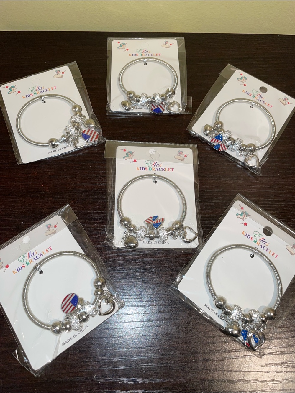 Silver Kids Charm Bracelet with Red-White-Blue Accent Set of 6